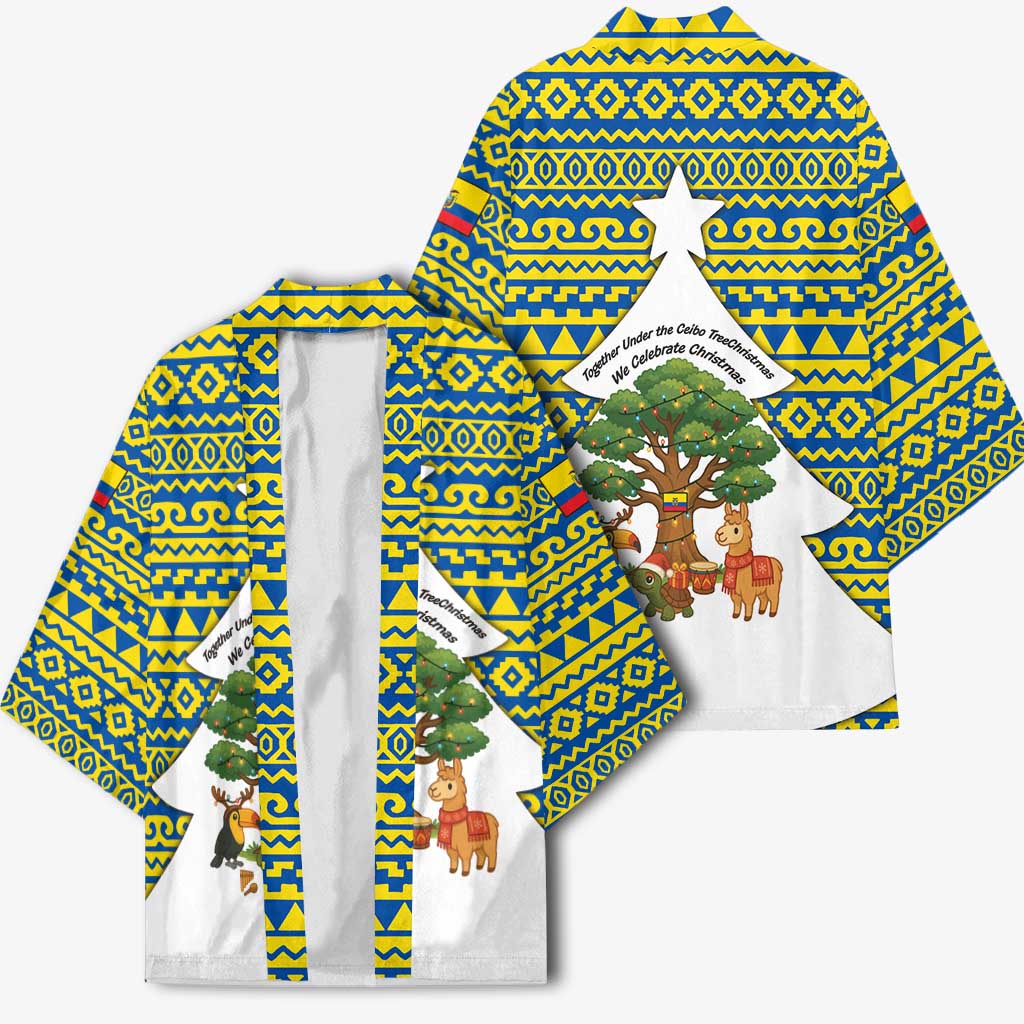 Ecuador Christmas Kimono with Ceibo Tree Llama Toucan and Traditional Yellow Blue Pattern Design - Wonder Print Shop