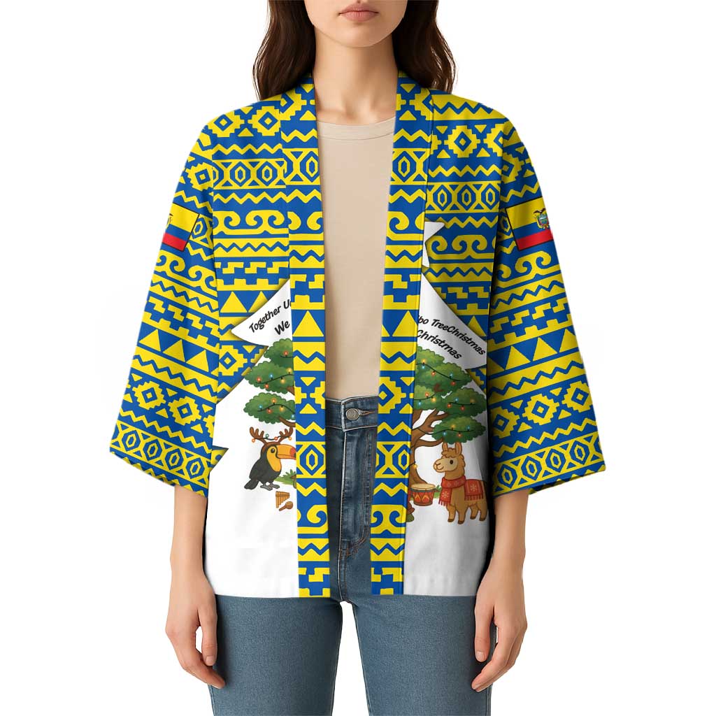 Ecuador Christmas Kimono with Ceibo Tree Llama Toucan and Traditional Yellow Blue Pattern Design - Wonder Print Shop