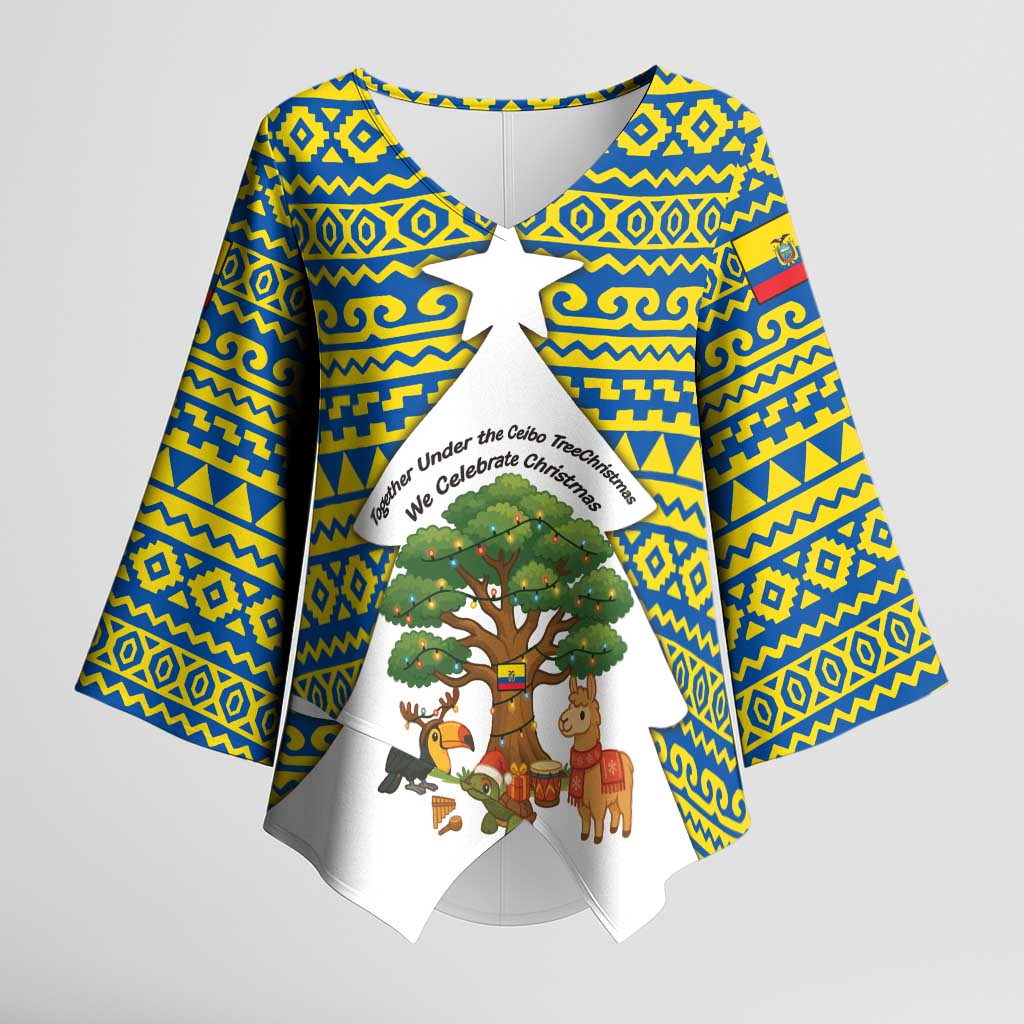 Ecuador Christmas Kimono Sleeve Blouse with Ceibo Tree Llama Toucan and Traditional Yellow Blue Pattern Design - Wonder Print Shop