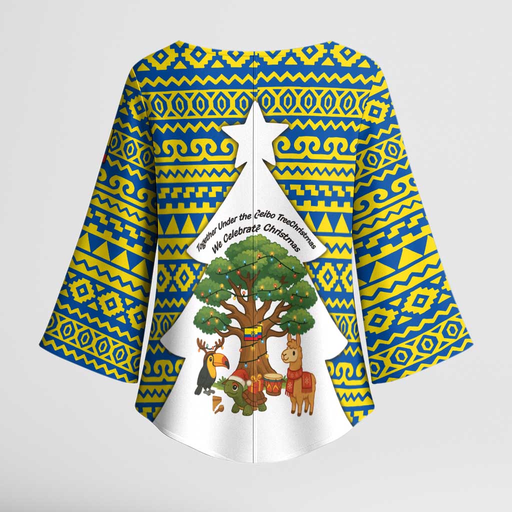 Ecuador Christmas Kimono Sleeve Blouse with Ceibo Tree Llama Toucan and Traditional Yellow Blue Pattern Design - Wonder Print Shop