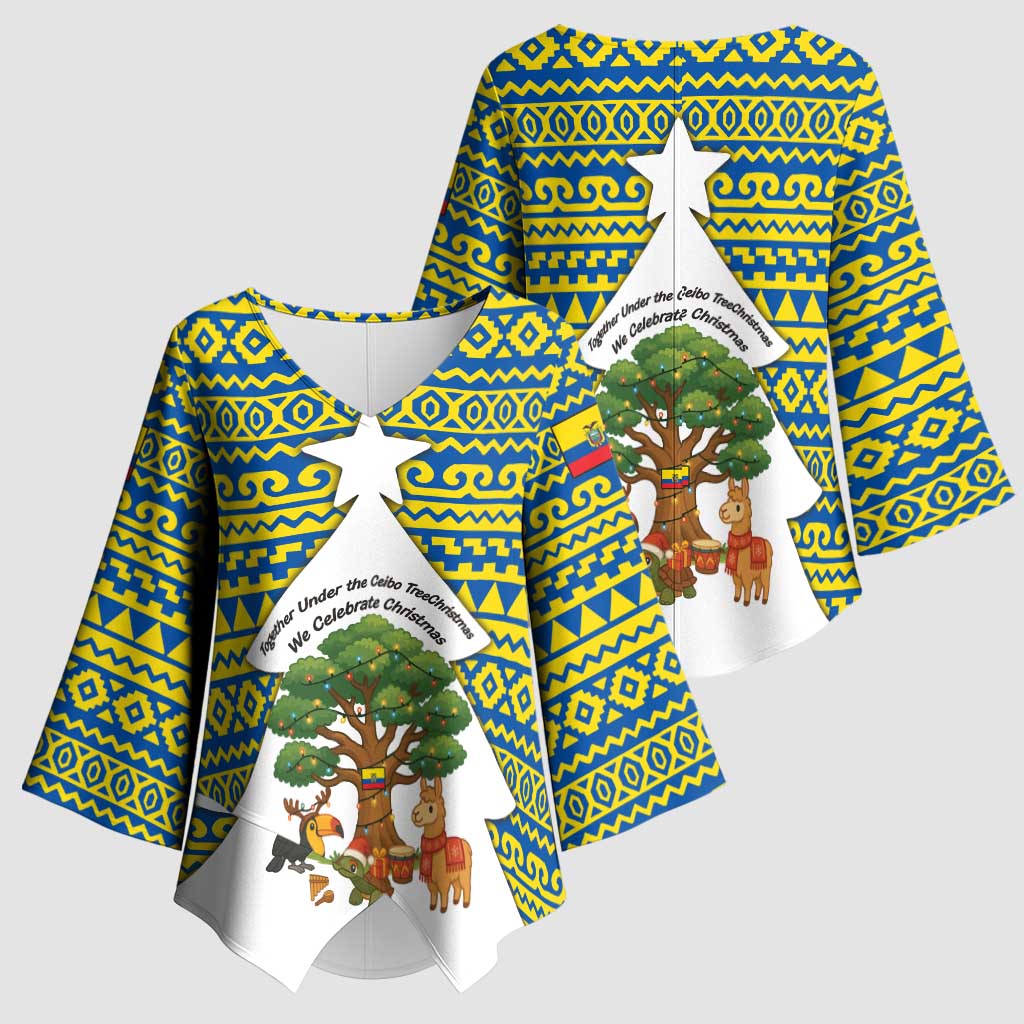Ecuador Christmas Kimono Sleeve Blouse with Ceibo Tree Llama Toucan and Traditional Yellow Blue Pattern Design - Wonder Print Shop