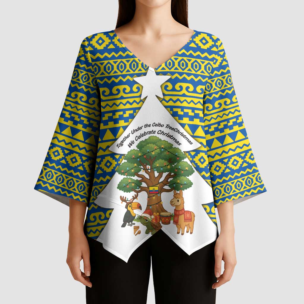 Ecuador Christmas Kimono Sleeve Blouse with Ceibo Tree Llama Toucan and Traditional Yellow Blue Pattern Design - Wonder Print Shop