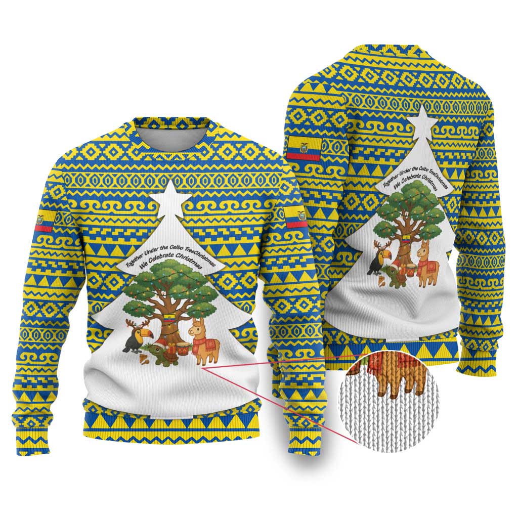 Ecuador Christmas Ugly Christmas Sweater with Ceibo Tree Llama Toucan and Traditional Yellow Blue Pattern Design - Wonder Print Shop