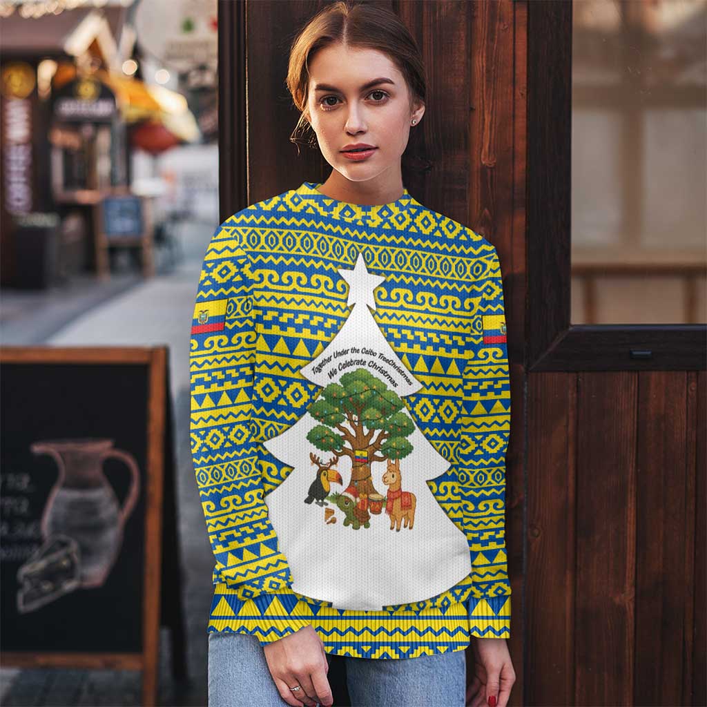 Ecuador Christmas Ugly Christmas Sweater with Ceibo Tree Llama Toucan and Traditional Yellow Blue Pattern Design - Wonder Print Shop