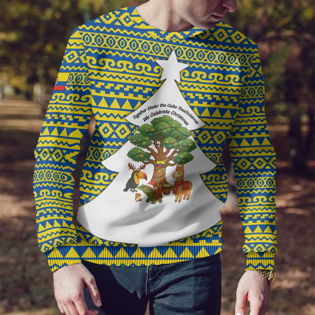 Ecuador Christmas Ugly Christmas Sweater with Ceibo Tree Llama Toucan and Traditional Yellow Blue Pattern Design - Wonder Print Shop