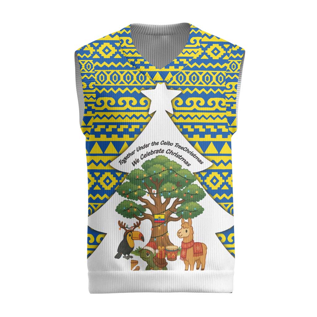 Ecuador Christmas Knitted V-Neck Vest with Ceibo Tree Llama Toucan and Traditional Yellow Blue Pattern Design - Wonder Print Shop