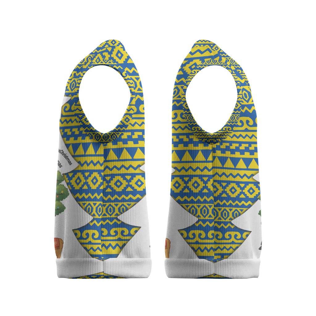 Ecuador Christmas Knitted V-Neck Vest with Ceibo Tree Llama Toucan and Traditional Yellow Blue Pattern Design - Wonder Print Shop