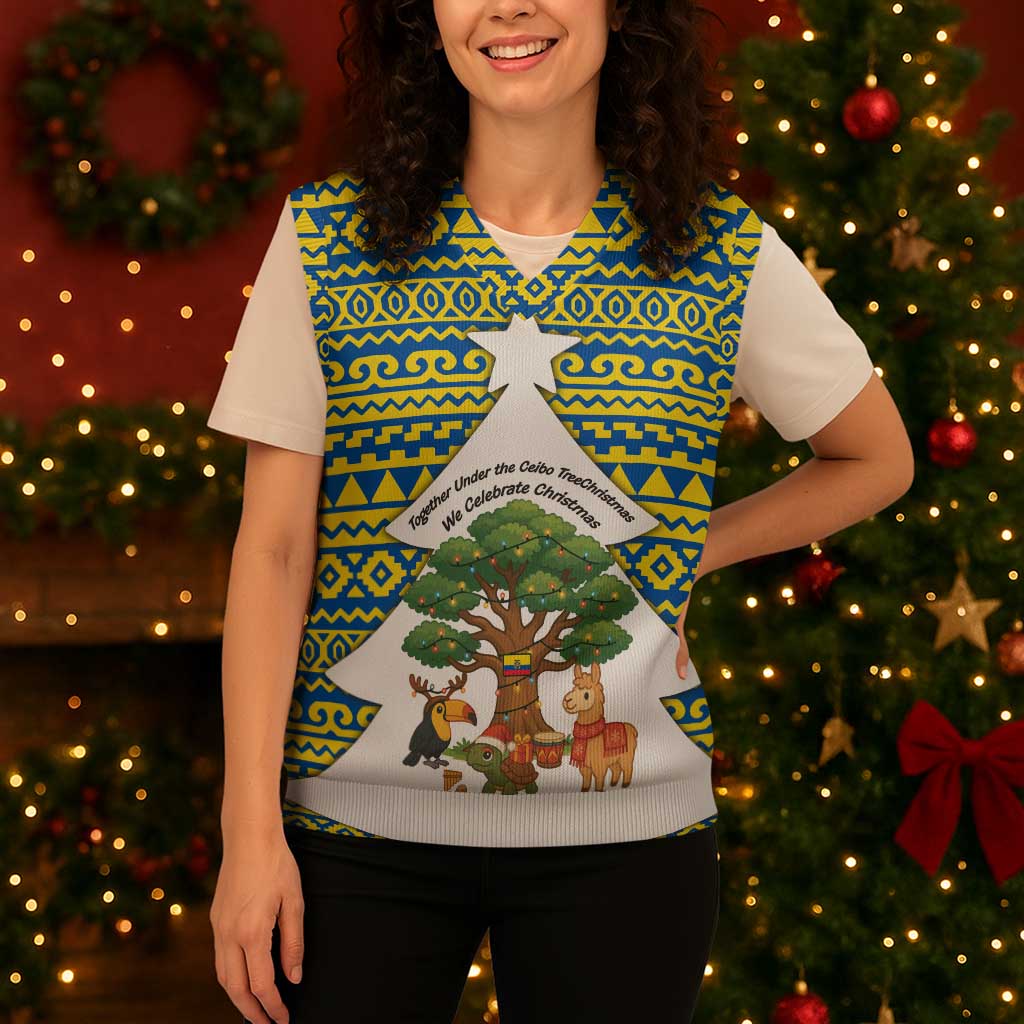 Ecuador Christmas Knitted V-Neck Vest with Ceibo Tree Llama Toucan and Traditional Yellow Blue Pattern Design - Wonder Print Shop