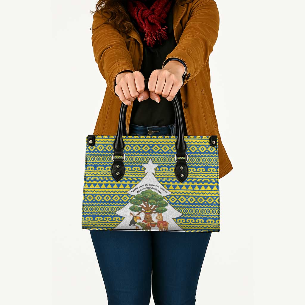 Ecuador Christmas Leather Bag with Ceibo Tree Llama Toucan and Traditional Yellow Blue Pattern Design - Wonder Print Shop