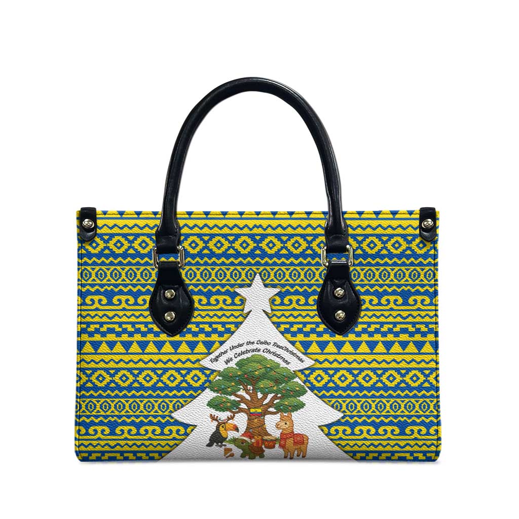 Ecuador Christmas Leather Bag with Ceibo Tree Llama Toucan and Traditional Yellow Blue Pattern Design - Wonder Print Shop