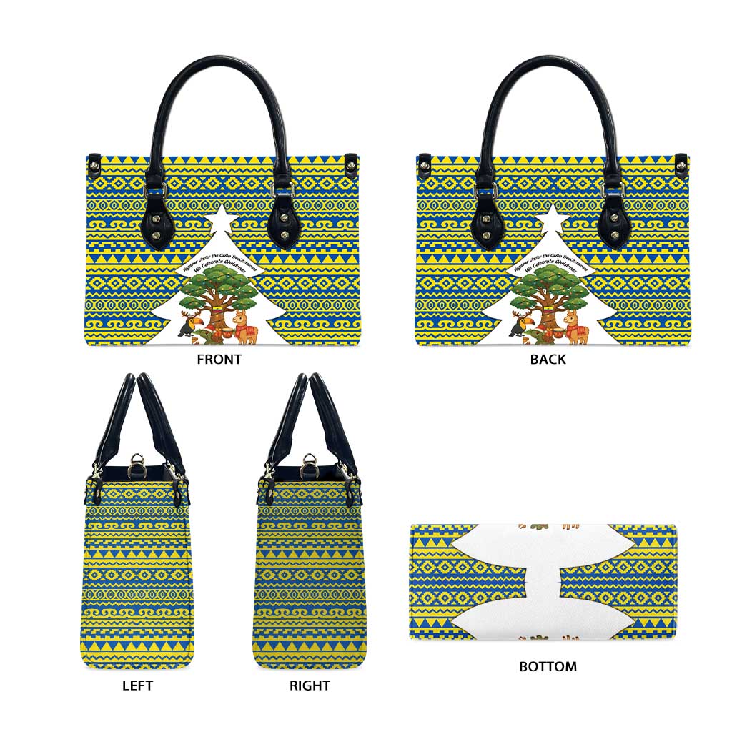 Ecuador Christmas Leather Bag with Ceibo Tree Llama Toucan and Traditional Yellow Blue Pattern Design - Wonder Print Shop