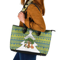 Ecuador Christmas Leather Tote Bag with Ceibo Tree Llama Toucan and Traditional Yellow Blue Pattern Design - Wonder Print Shop