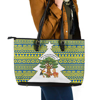 Ecuador Christmas Leather Tote Bag with Ceibo Tree Llama Toucan and Traditional Yellow Blue Pattern Design - Wonder Print Shop