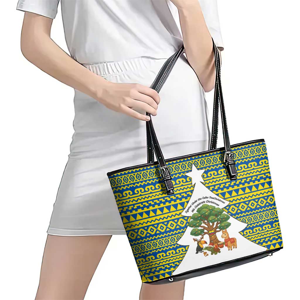 Ecuador Christmas Leather Tote Bag with Ceibo Tree Llama Toucan and Traditional Yellow Blue Pattern Design - Wonder Print Shop