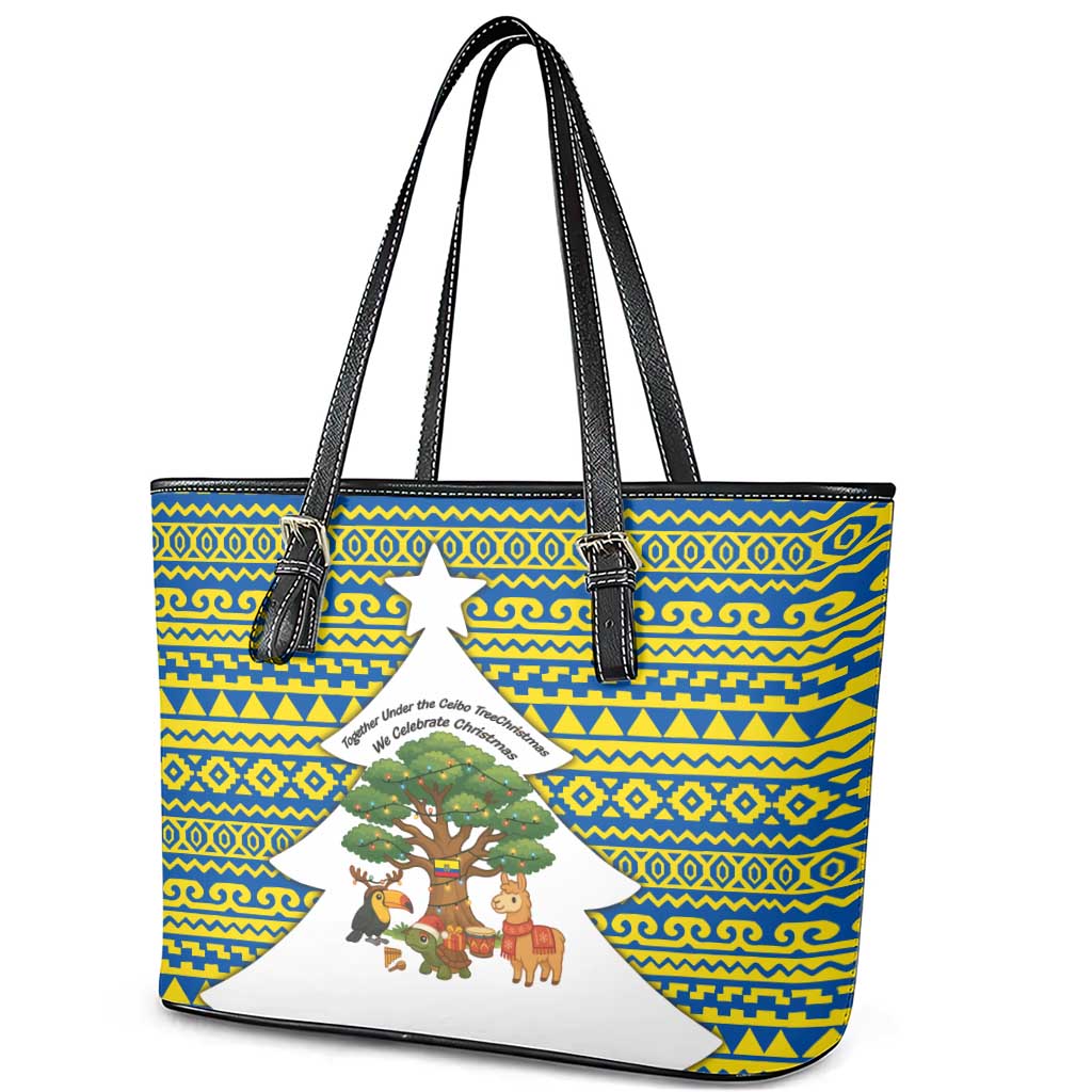 Ecuador Christmas Leather Tote Bag with Ceibo Tree Llama Toucan and Traditional Yellow Blue Pattern Design - Wonder Print Shop