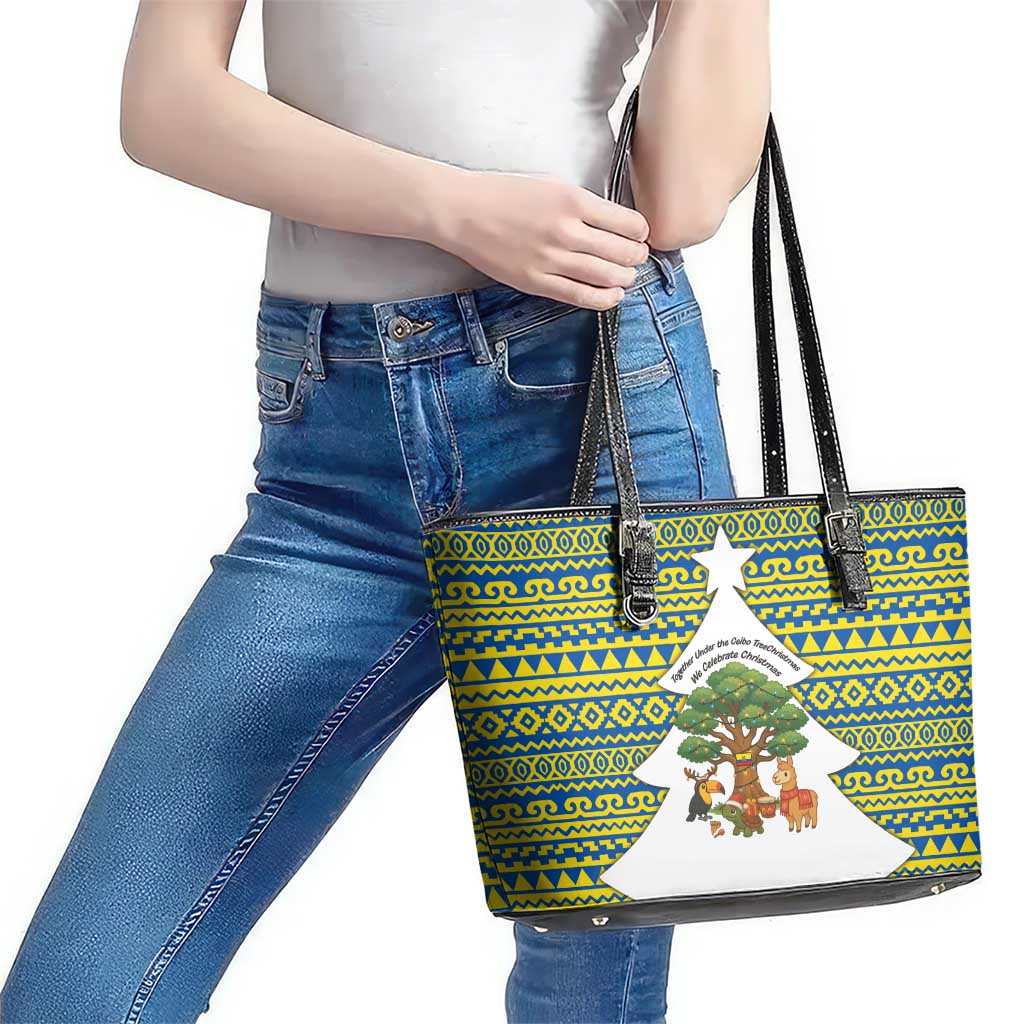Ecuador Christmas Leather Tote Bag with Ceibo Tree Llama Toucan and Traditional Yellow Blue Pattern Design - Wonder Print Shop