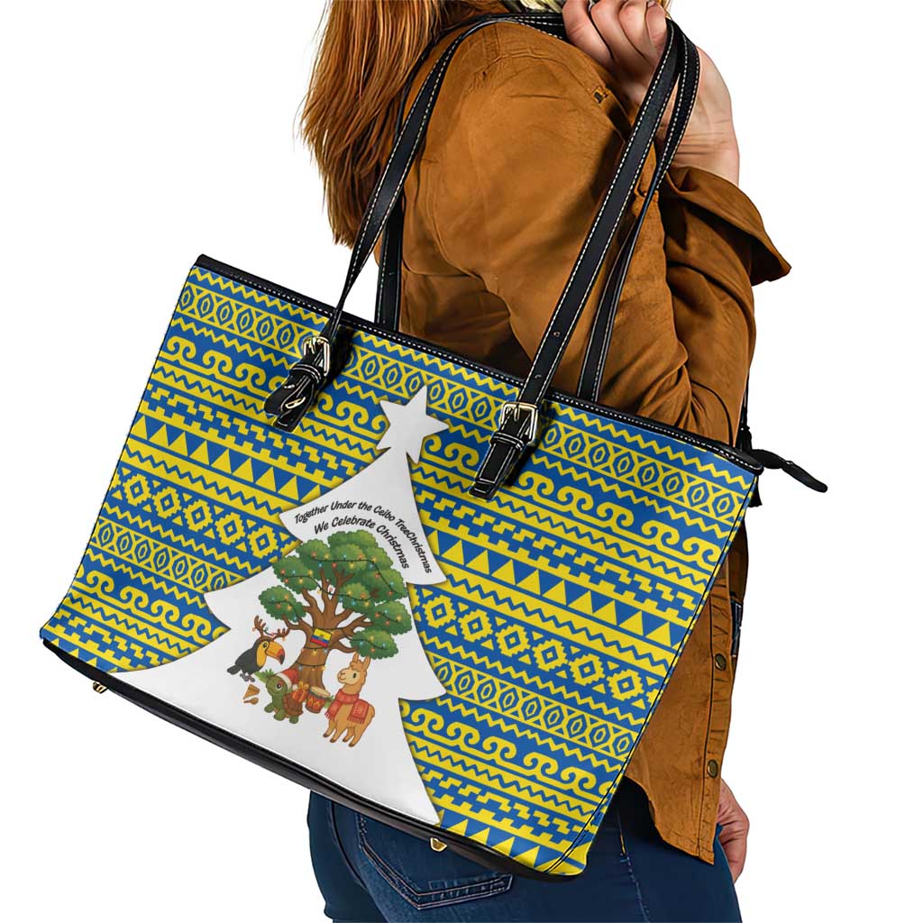 Ecuador Christmas Leather Tote Bag with Ceibo Tree Llama Toucan and Traditional Yellow Blue Pattern Design - Wonder Print Shop