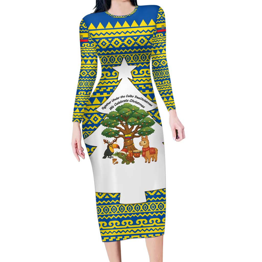 Ecuador Christmas Long Sleeve Bodycon Dress with Ceibo Tree Llama Toucan and Traditional Yellow Blue Pattern Design - Wonder Print Shop