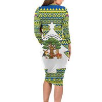 Ecuador Christmas Long Sleeve Bodycon Dress with Ceibo Tree Llama Toucan and Traditional Yellow Blue Pattern Design - Wonder Print Shop