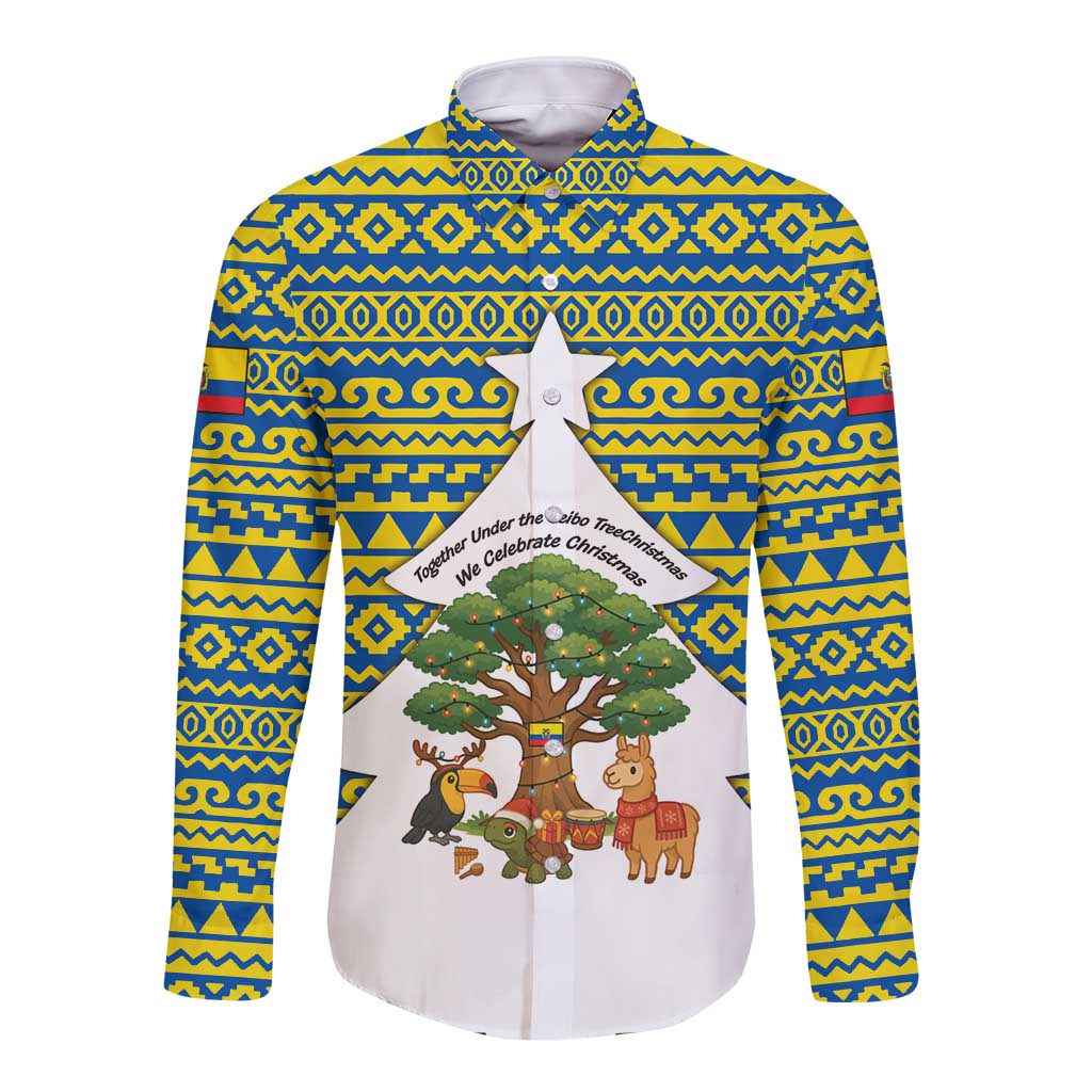 Ecuador Christmas Long Sleeve Button Shirt with Ceibo Tree Llama Toucan and Traditional Yellow Blue Pattern Design - Wonder Print Shop