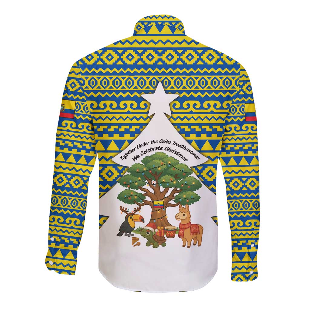 Ecuador Christmas Long Sleeve Button Shirt with Ceibo Tree Llama Toucan and Traditional Yellow Blue Pattern Design - Wonder Print Shop