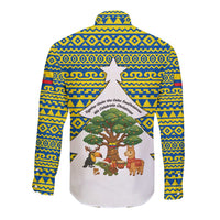 Ecuador Christmas Long Sleeve Button Shirt with Ceibo Tree Llama Toucan and Traditional Yellow Blue Pattern Design - Wonder Print Shop