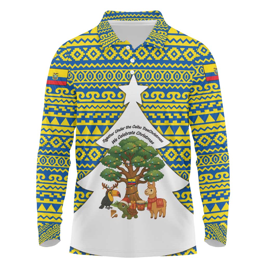 Ecuador Christmas Long Sleeve Polo Shirt with Ceibo Tree Llama Toucan and Traditional Yellow Blue Pattern Design - Wonder Print Shop