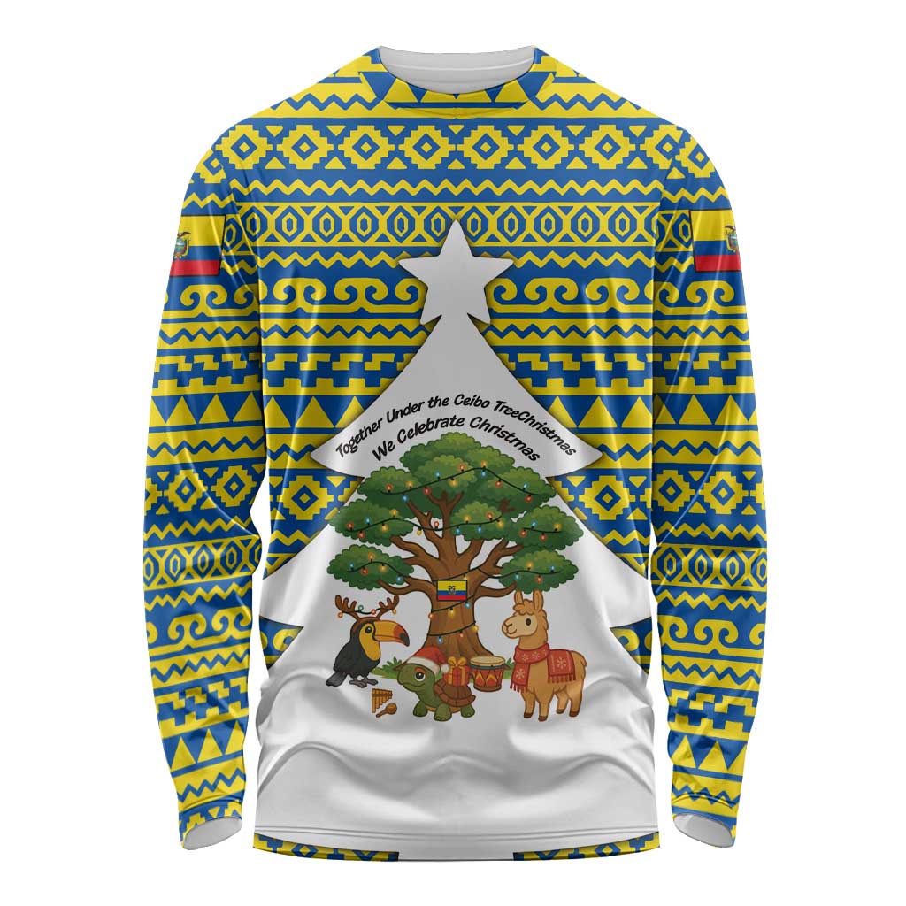 Ecuador Christmas Long Sleeve Shirt with Ceibo Tree Llama Toucan and Traditional Yellow Blue Pattern Design - Wonder Print Shop