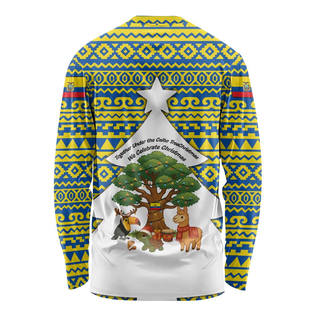 Ecuador Christmas Long Sleeve Shirt with Ceibo Tree Llama Toucan and Traditional Yellow Blue Pattern Design - Wonder Print Shop