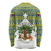 Ecuador Christmas Long Sleeve Shirt with Ceibo Tree Llama Toucan and Traditional Yellow Blue Pattern Design - Wonder Print Shop