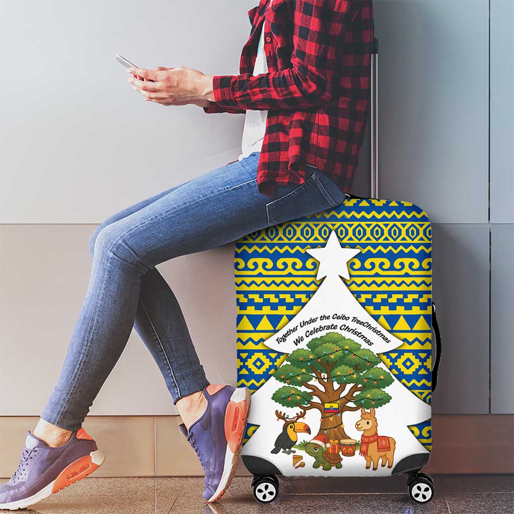 Ecuador Christmas Luggage Cover with Ceibo Tree Llama Toucan and Traditional Yellow Blue Pattern Design - Wonder Print Shop