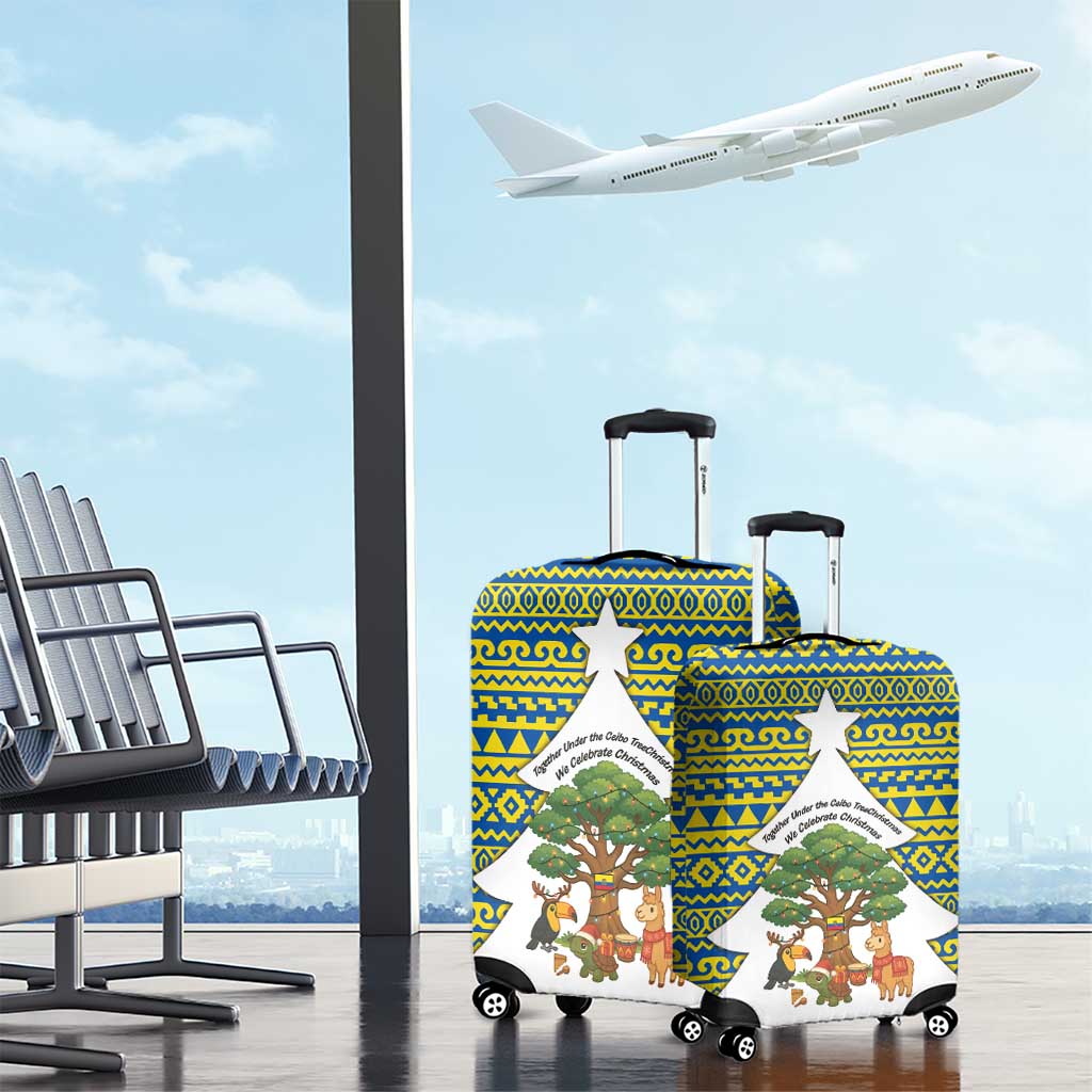 Ecuador Christmas Luggage Cover with Ceibo Tree Llama Toucan and Traditional Yellow Blue Pattern Design - Wonder Print Shop