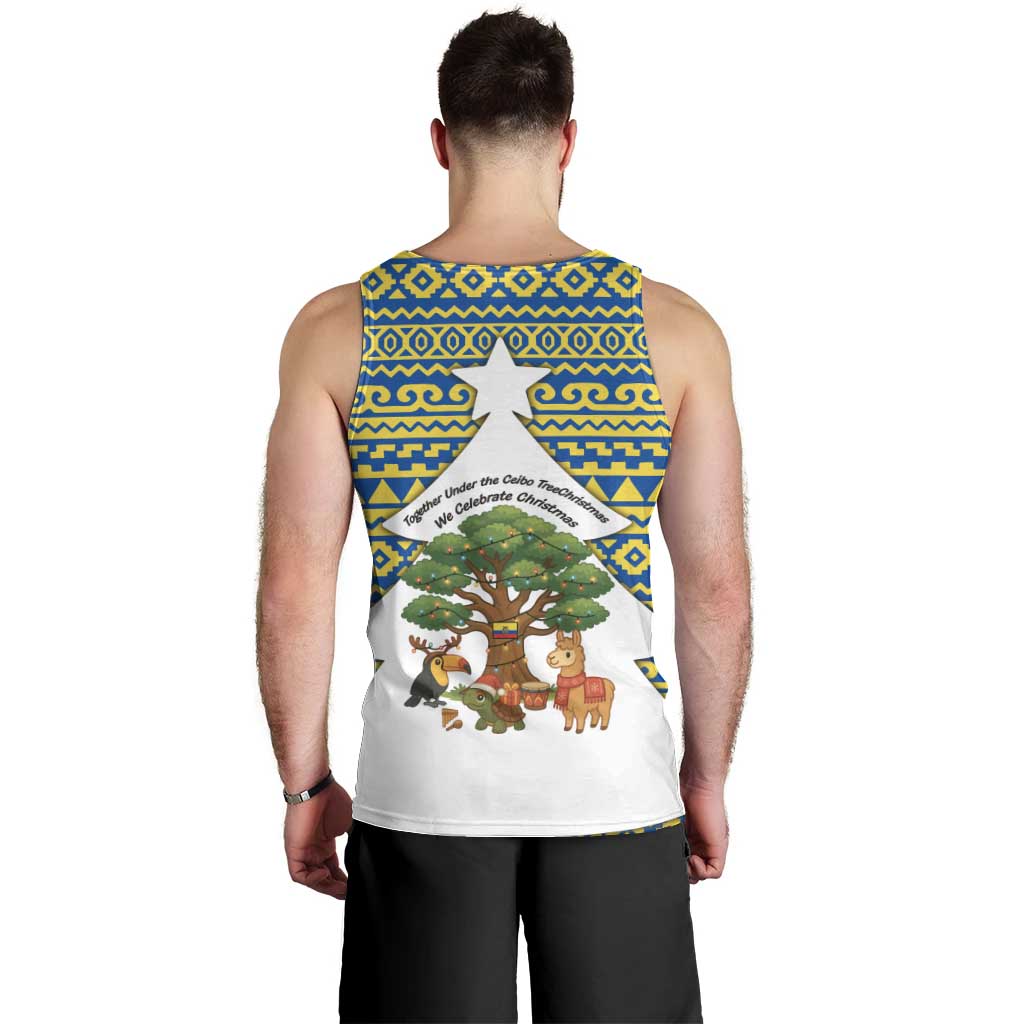 Ecuador Christmas Men Tank Top with Ceibo Tree Llama Toucan and Traditional Yellow Blue Pattern Design - Wonder Print Shop