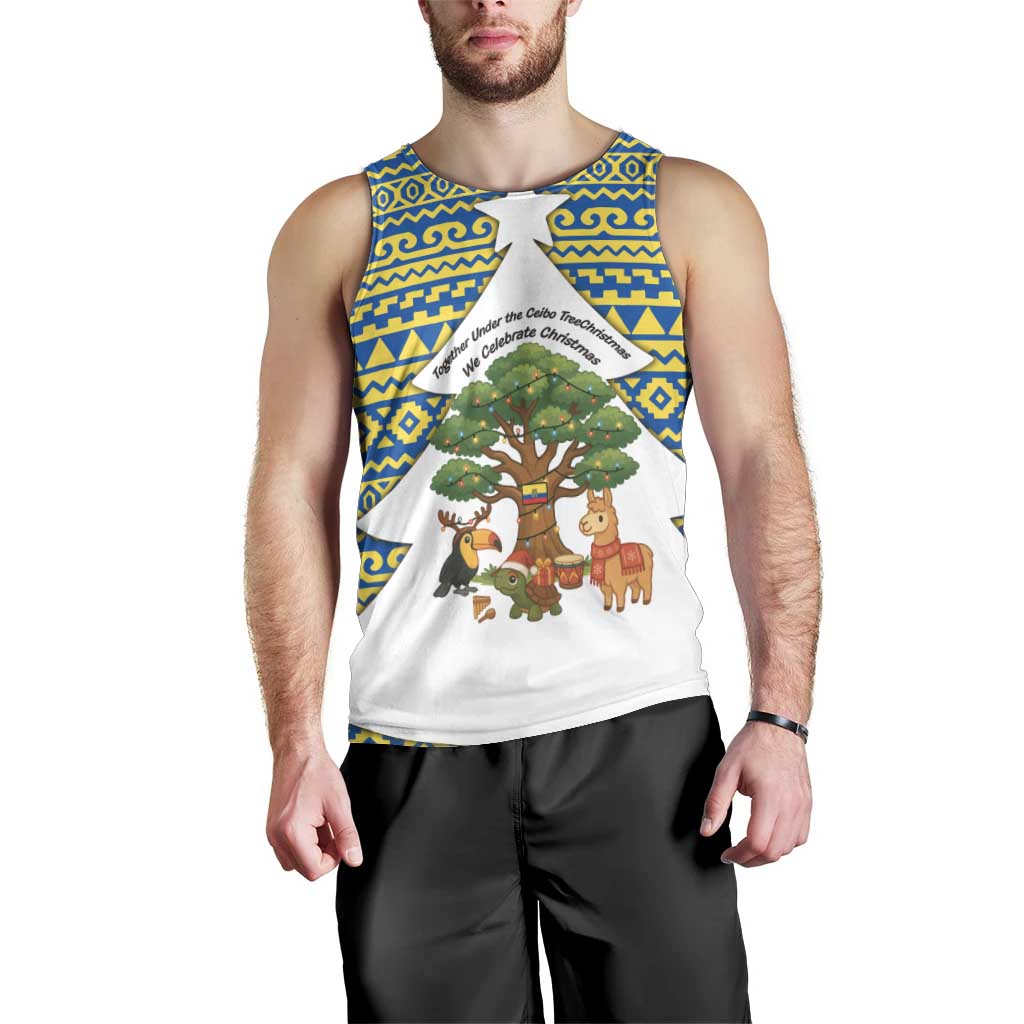 Ecuador Christmas Men Tank Top with Ceibo Tree Llama Toucan and Traditional Yellow Blue Pattern Design - Wonder Print Shop