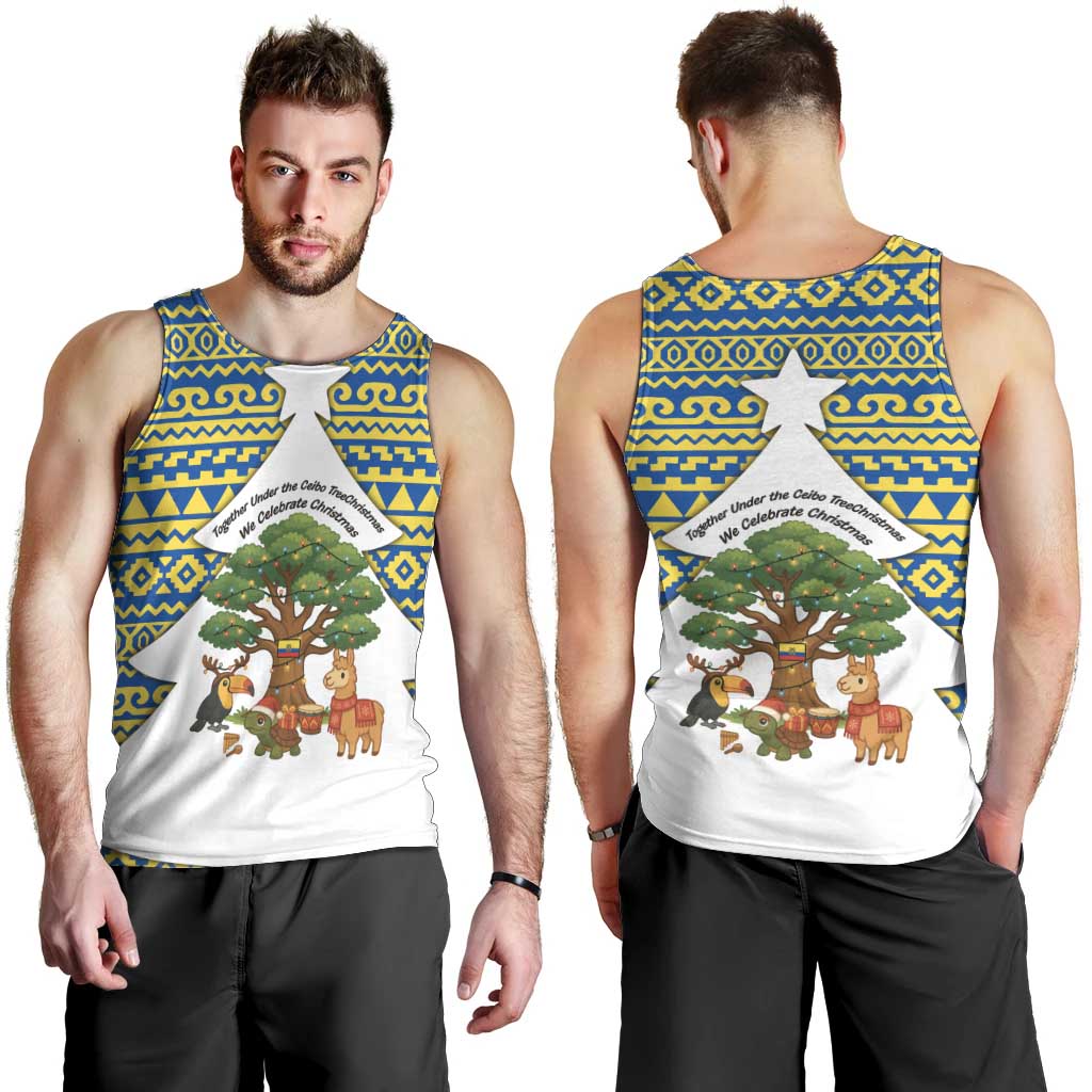 Ecuador Christmas Men Tank Top with Ceibo Tree Llama Toucan and Traditional Yellow Blue Pattern Design - Wonder Print Shop