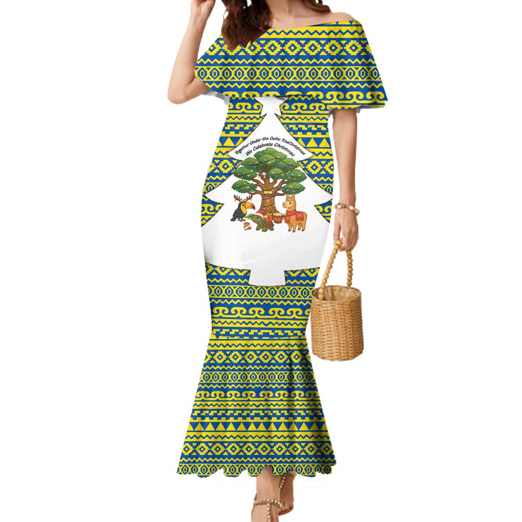 Ecuador Christmas Mermaid Dress with Ceibo Tree Llama Toucan and Traditional Yellow Blue Pattern Design - Wonder Print Shop