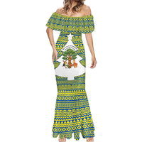 Ecuador Christmas Mermaid Dress with Ceibo Tree Llama Toucan and Traditional Yellow Blue Pattern Design - Wonder Print Shop