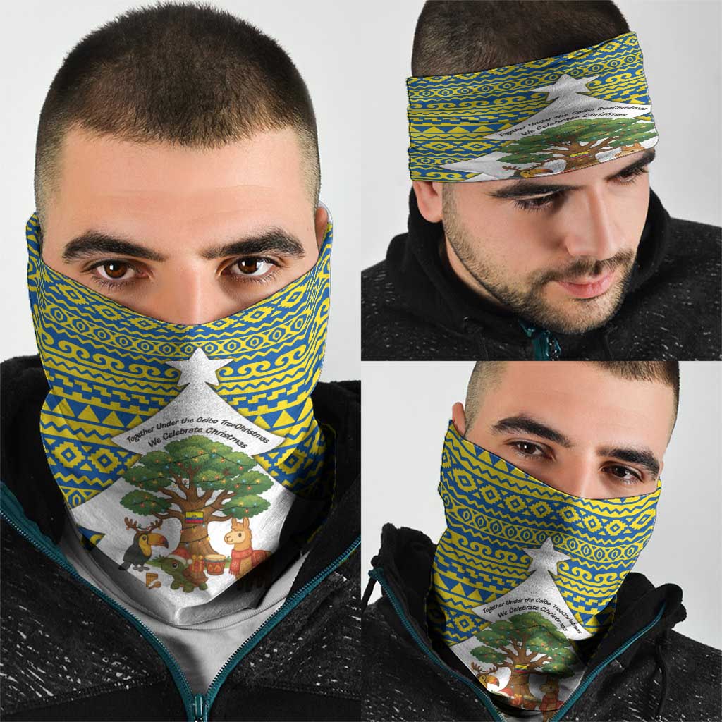 Ecuador Christmas Neck Gaiter with Ceibo Tree Llama Toucan and Traditional Yellow Blue Pattern Design - Wonder Print Shop