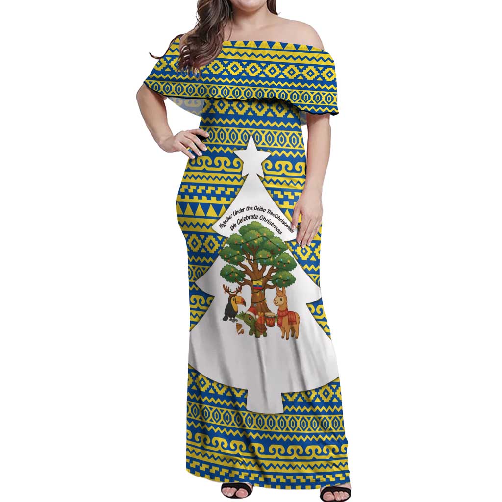 Ecuador Christmas Off Shoulder Maxi Dress with Ceibo Tree Llama Toucan and Traditional Yellow Blue Pattern Design - Wonder Print Shop