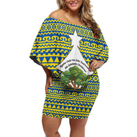Ecuador Christmas Off Shoulder Short Dress with Ceibo Tree Llama Toucan and Traditional Yellow Blue Pattern Design - Wonder Print Shop