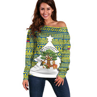 Ecuador Christmas Off Shoulder Sweater with Ceibo Tree Llama Toucan and Traditional Yellow Blue Pattern Design - Wonder Print Shop