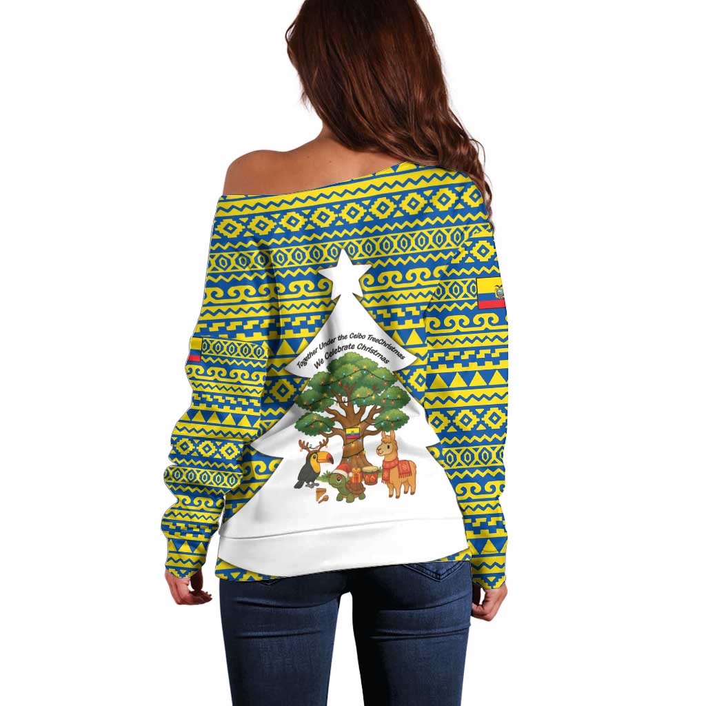 Ecuador Christmas Off Shoulder Sweater with Ceibo Tree Llama Toucan and Traditional Yellow Blue Pattern Design - Wonder Print Shop