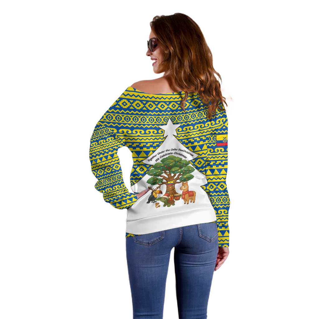 Ecuador Christmas Off Shoulder Sweater with Ceibo Tree Llama Toucan and Traditional Yellow Blue Pattern Design - Wonder Print Shop