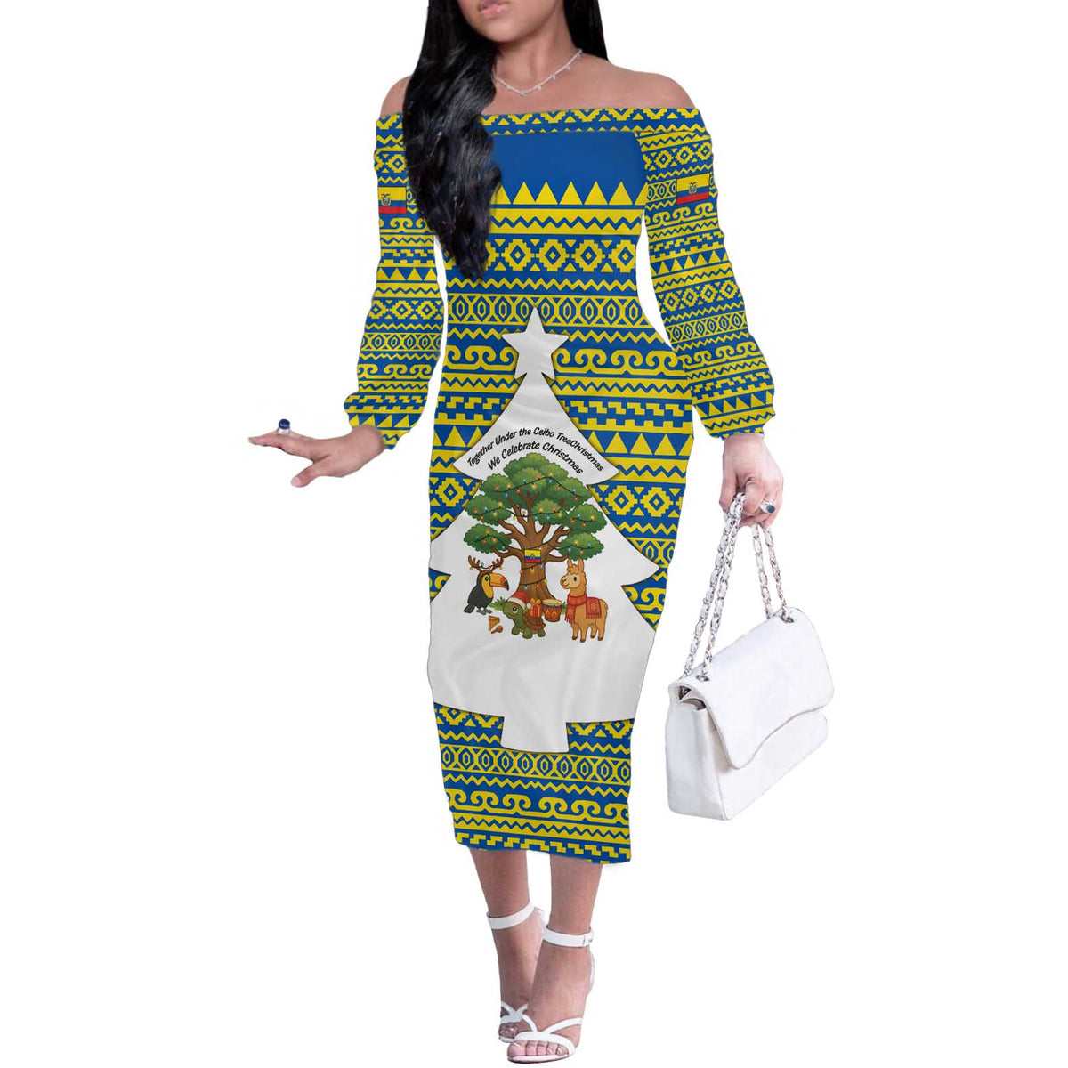 Ecuador Christmas Off The Shoulder Long Sleeve Dress with Ceibo Tree Llama Toucan and Traditional Yellow Blue Pattern Design - Wonder Print Shop