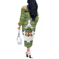 Ecuador Christmas Off The Shoulder Long Sleeve Dress with Ceibo Tree Llama Toucan and Traditional Yellow Blue Pattern Design - Wonder Print Shop