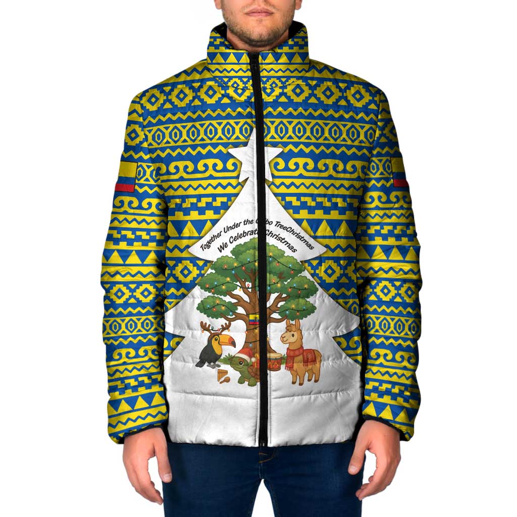 Ecuador Christmas Padded Jacket with Ceibo Tree Llama Toucan and Traditional Yellow Blue Pattern Design - Wonder Print Shop