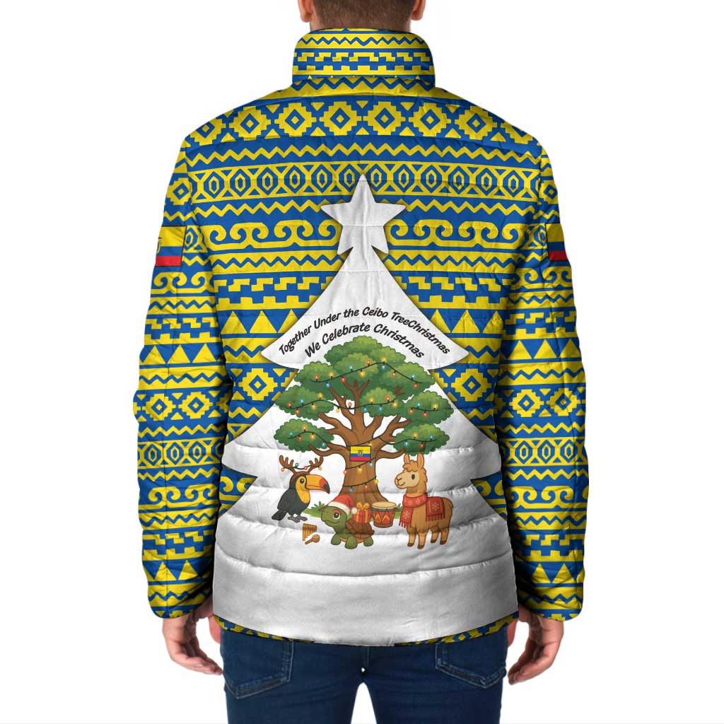Ecuador Christmas Padded Jacket with Ceibo Tree Llama Toucan and Traditional Yellow Blue Pattern Design - Wonder Print Shop