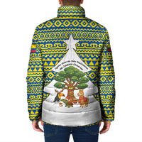 Ecuador Christmas Padded Jacket with Ceibo Tree Llama Toucan and Traditional Yellow Blue Pattern Design - Wonder Print Shop