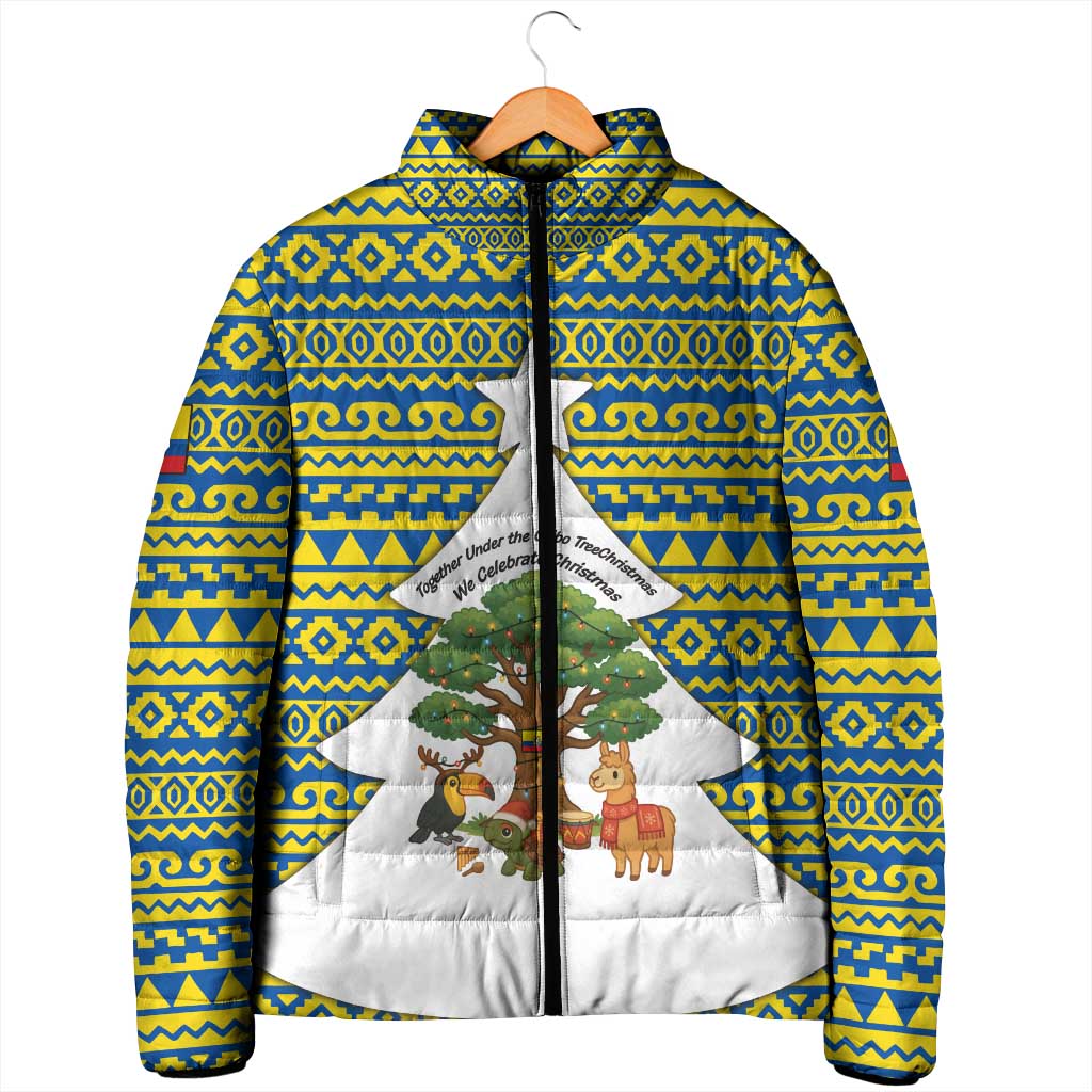 Ecuador Christmas Padded Jacket with Ceibo Tree Llama Toucan and Traditional Yellow Blue Pattern Design - Wonder Print Shop