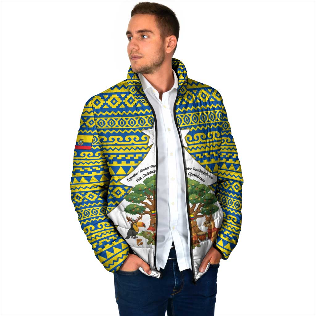 Ecuador Christmas Padded Jacket with Ceibo Tree Llama Toucan and Traditional Yellow Blue Pattern Design - Wonder Print Shop